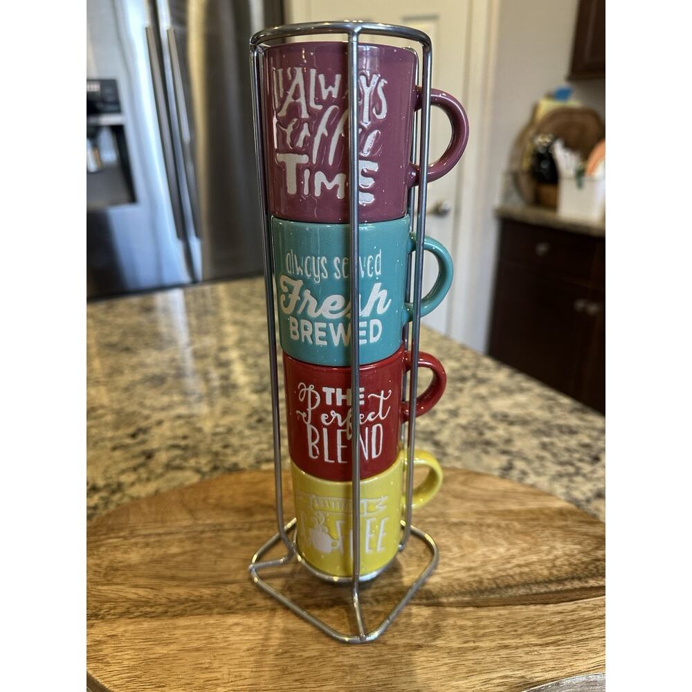 Colorful Stackable Espresso Mug Set of 4 With Stand, Coffee Sayings, 4oz